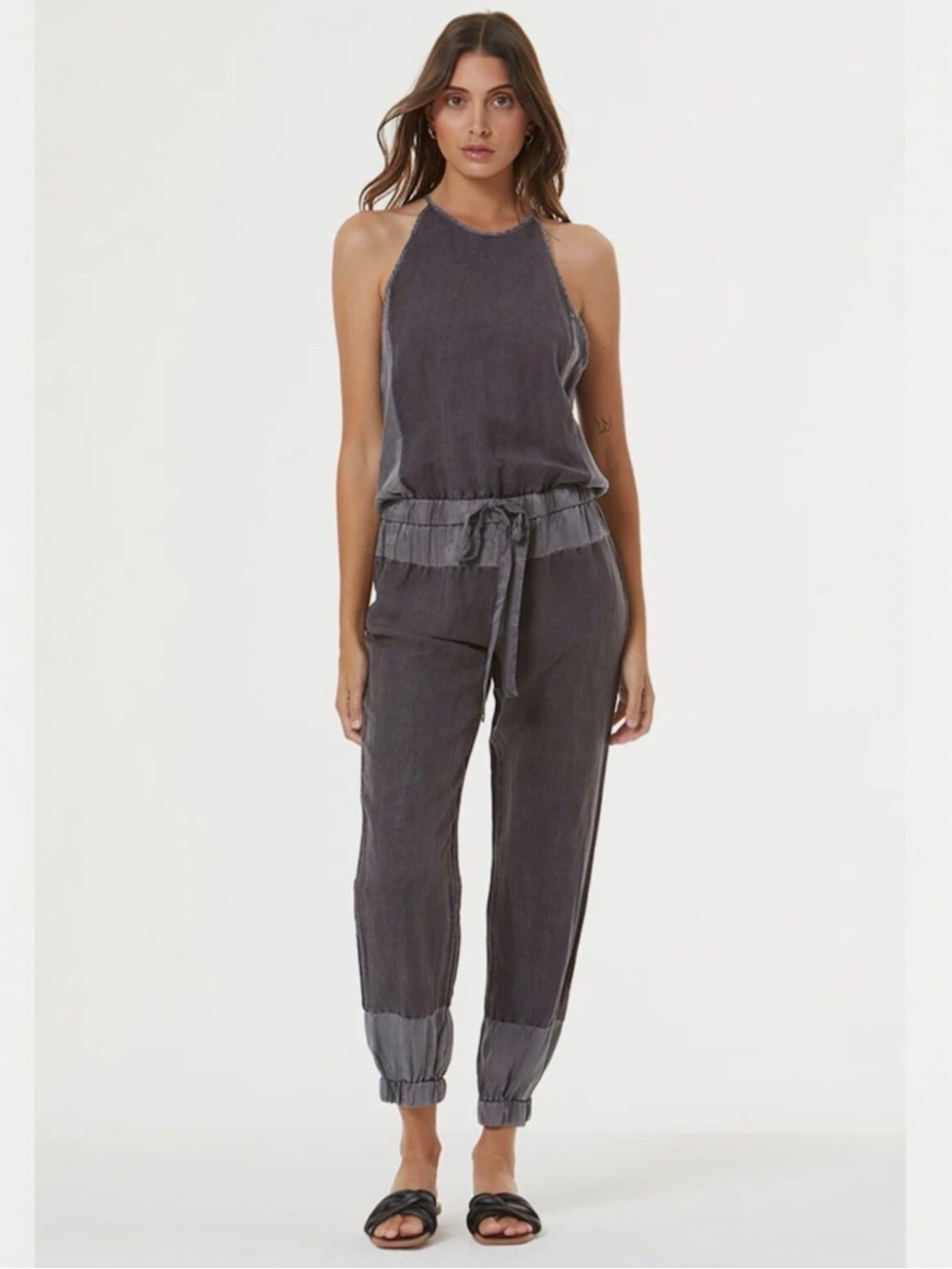 Washed Charcoal Halter Jumpsuit with Tie Waist